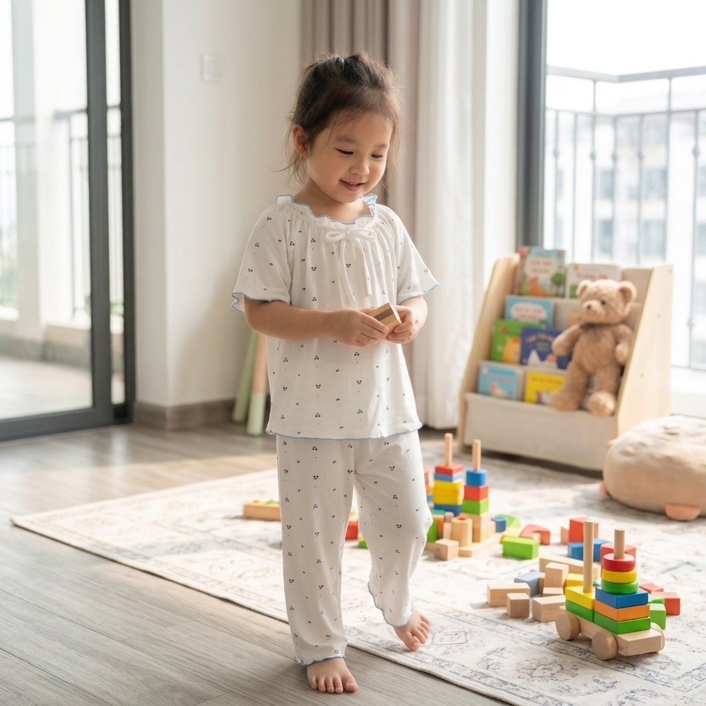 Bộ tay ngắn quần dài bé gái 95% sợi sồi Modal Lá Homewear MOD3 mềm mướt mát lạnh babydoll dễ thương