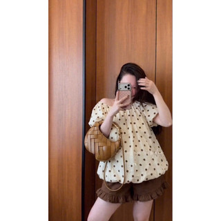 •𝙆𝙞𝙣𝙜𝙨𝙝𝙤𝙥𝙗𝙚𝙖𝙪𝙩𝙮•Set Áo Châm Bi Mix Quần Nâu Bèo L1