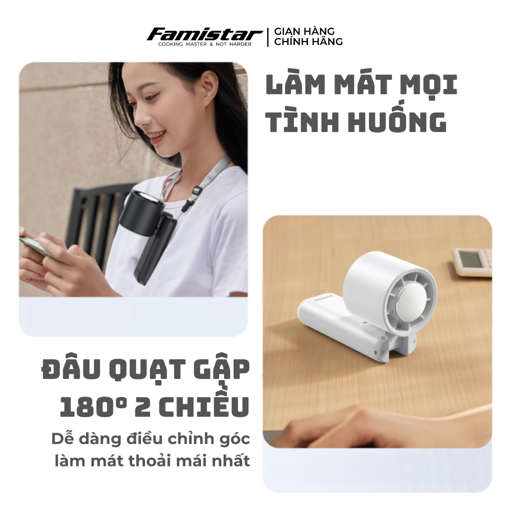 Quạt cầm tay mini đầu gập có kẹp 4 cấp độ gió 3600mAh FAMISTAR, quạt cầm tay màn hình LED F02