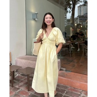 𝗟𝗮𝗺 𝗗𝗿𝗲𝘀𝘀- | LYLINEN | Đầm Linen nhún tay phồng dáng dài