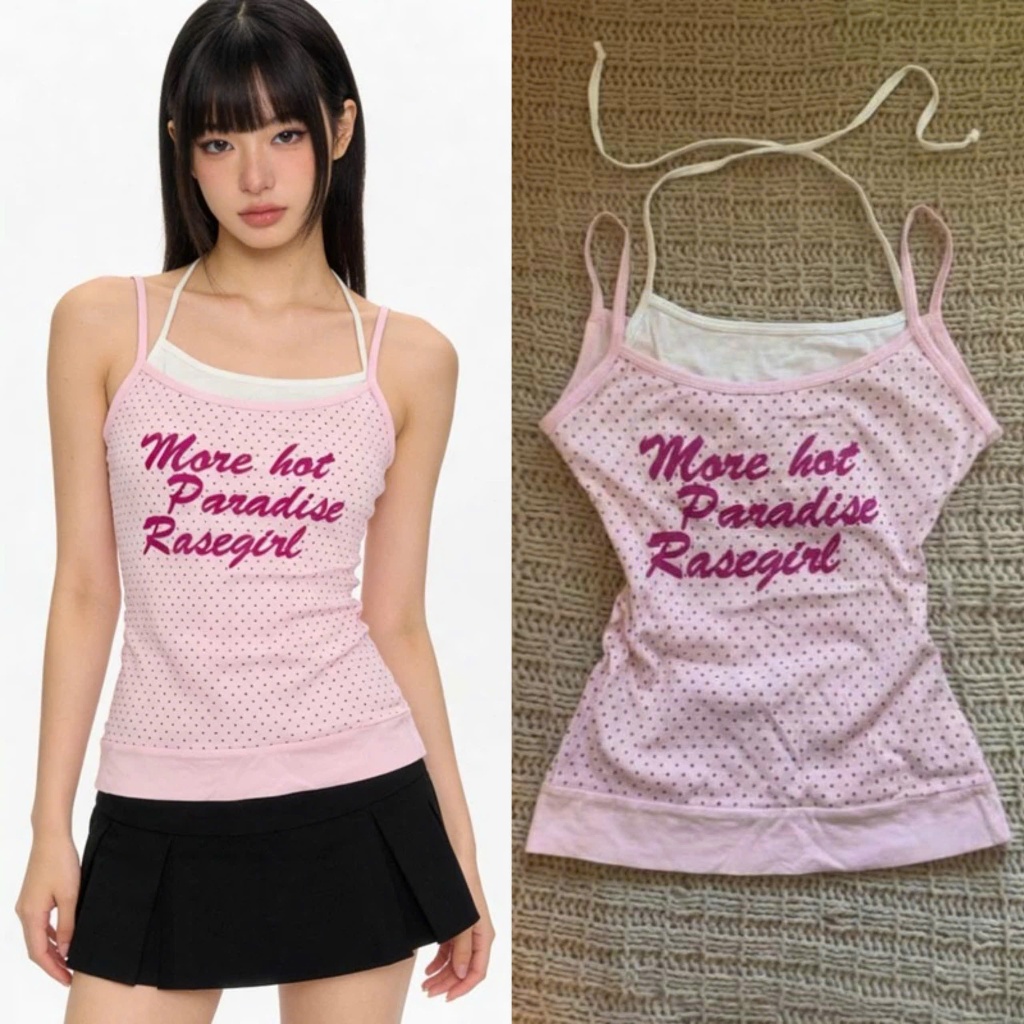 Áo sát nách 2 dây layer chấm bi chữ hồng More hot nữ tính ASN087 - Tiktik