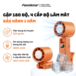 Quạt cầm tay mini đầu gập có kẹp 4 cấp độ gió 3600mAh FAMISTAR, quạt cầm tay màn hình LED F02