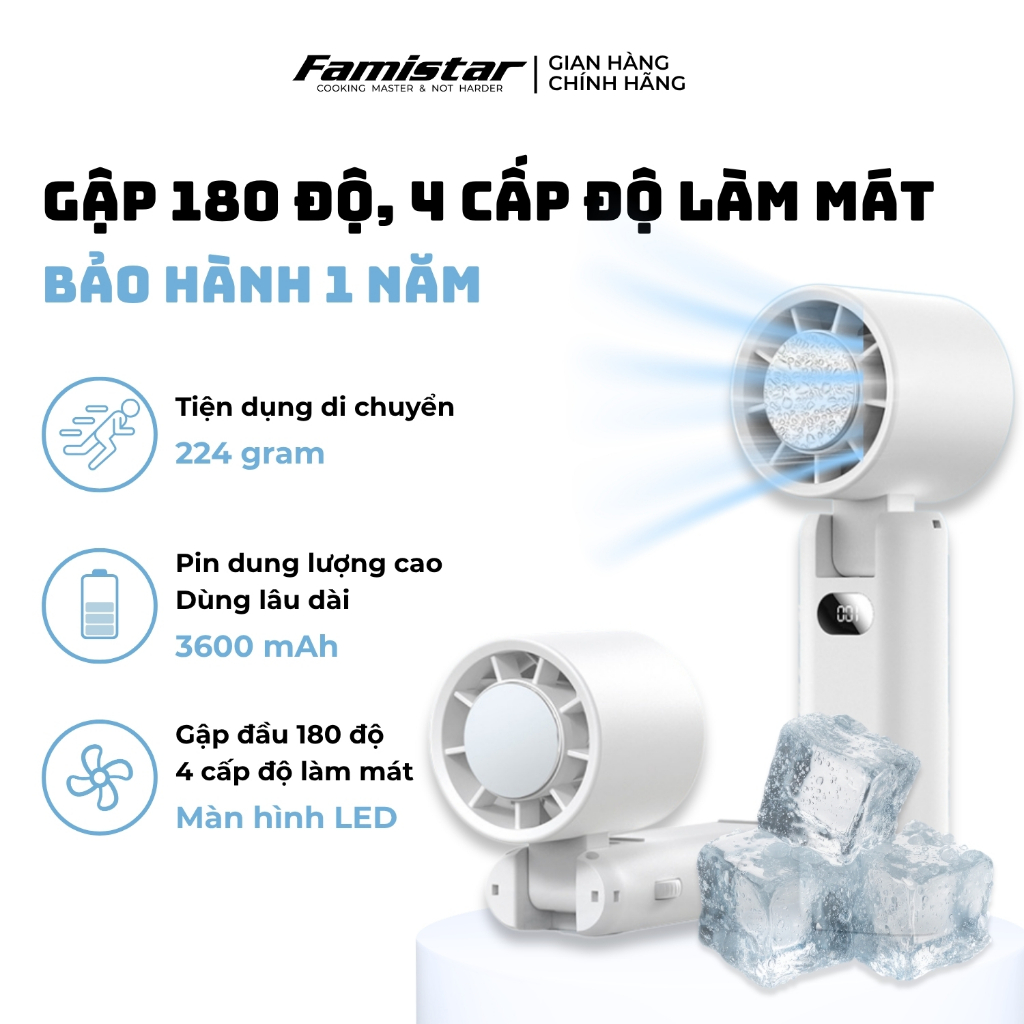 Quạt cầm tay mini đầu gập có kẹp 4 cấp độ gió 3600mAh FAMISTAR, quạt cầm tay màn hình LED F02