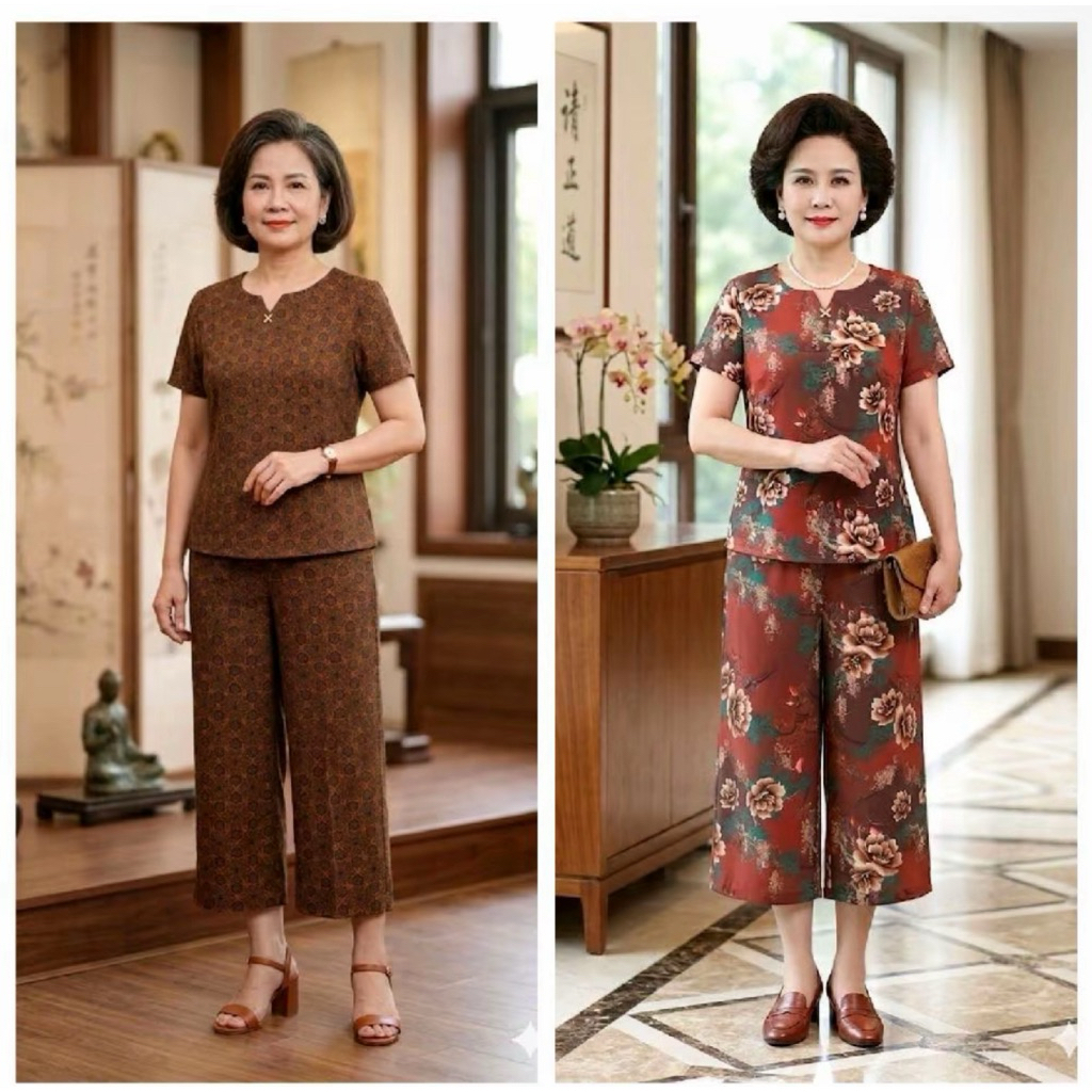 [Mẫu mới ] Set Đồ Bộ Lỡ Cho mẹ U40,U50,U60 , Chất lụa nhập mềm mát