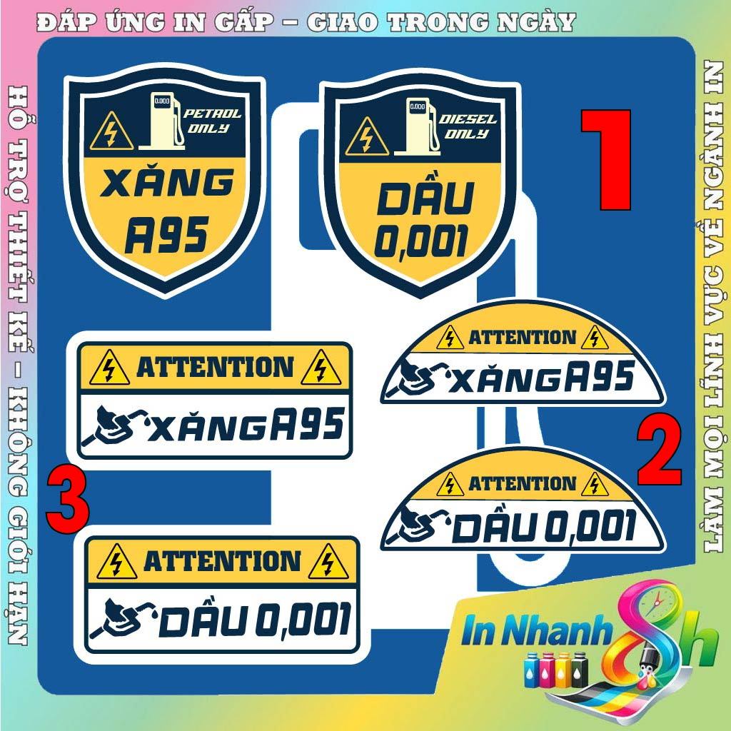 Tem sticker dán nắp bình xăng dầu ô tô, decal xăng A95 dầu diesel 0,001, sticker trang trí ô tô xe hơi
