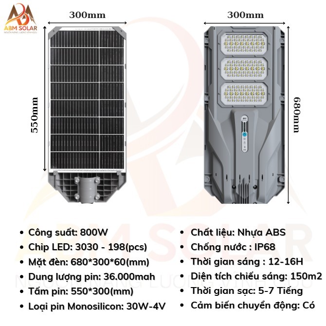 [800W] Đèn Năng Lượng Mặt Trời Tấm Pin Liền, Chiếu Sáng Đường Đi, Sân Vườn, Hè Phố, Chống Nước IP68, Nhựa ABS ABM SOLAR