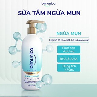 Sữa Tắm Ngừa Mụn AHA BHA Bimunica Skin Beauty 470ml Cho Da Dầu Mụn, Làm Sạch Dịu Nhẹ, Hỗ Trợ Giảm Mụn Cơ Thể