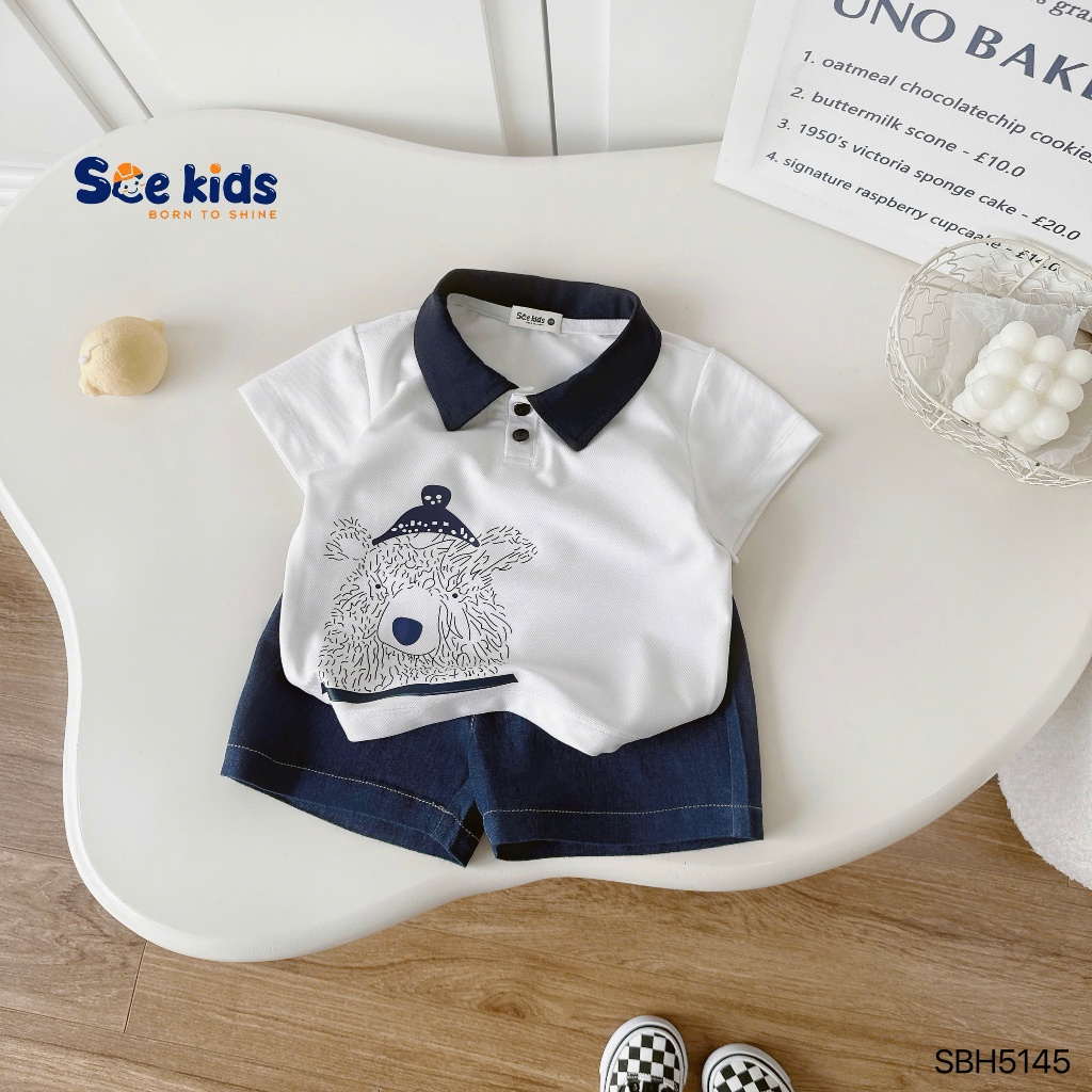 Bộ polo năng động in hình gấu cho bé trai, bộ polo phối quần bò giấy fom đẹp