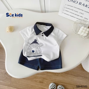Bộ polo năng động in hình gấu cho bé trai, bộ polo phối quần bò giấy fom đẹp