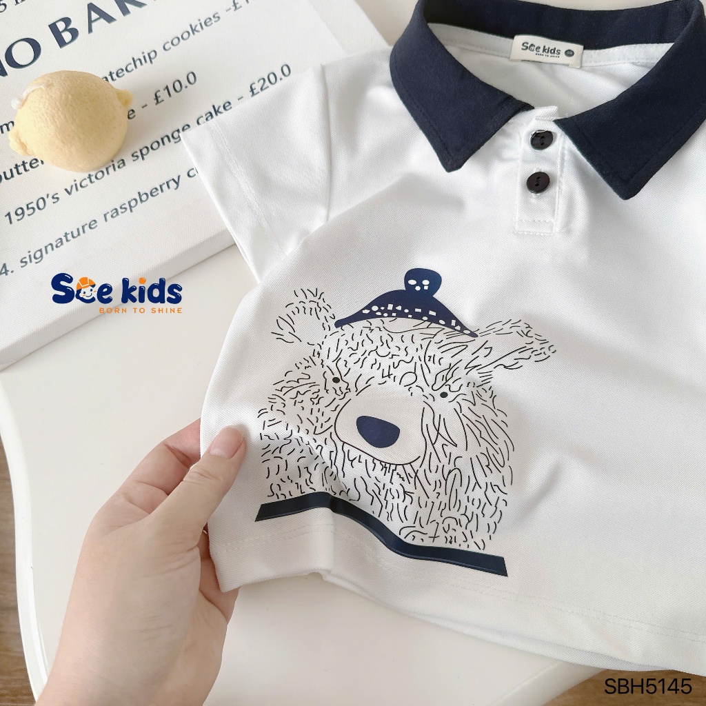 Bộ polo năng động in hình gấu cho bé trai, bộ polo phối quần bò giấy fom đẹp