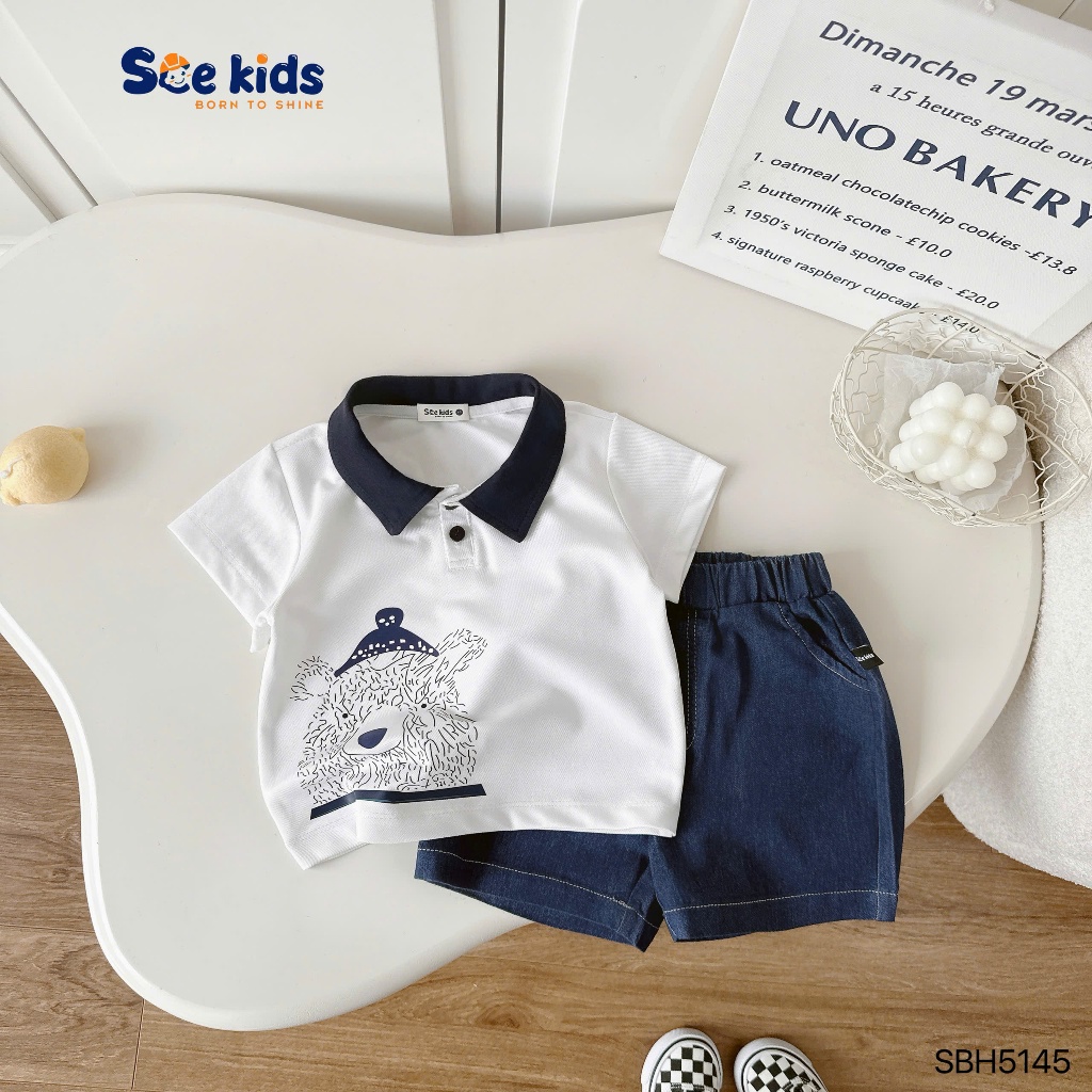 Bộ polo năng động in hình gấu cho bé trai, bộ polo phối quần bò giấy fom đẹp