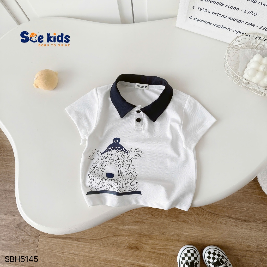 Bộ polo năng động in hình gấu cho bé trai, bộ polo phối quần bò giấy fom đẹp