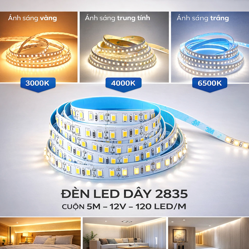 Cuộn LED Dán 12V 2835 120-180-240-320 Mắt 8mm-10mm Cuộn Dài 5 Mét Siêu Sáng Ánh Sáng Đều Mịn Dễ Thi Công