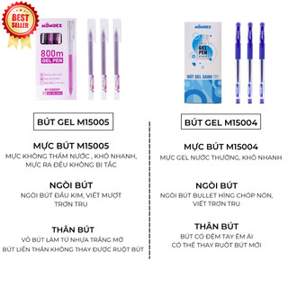 Hộp 12 Bút Gel MONDEZ Ngòi 0.5mm Mực Xanh Đen Tím, Bút Gel Ngòi Kim Viết Trơn Mực Ra Đều Dành Cho Học Sinh M15005