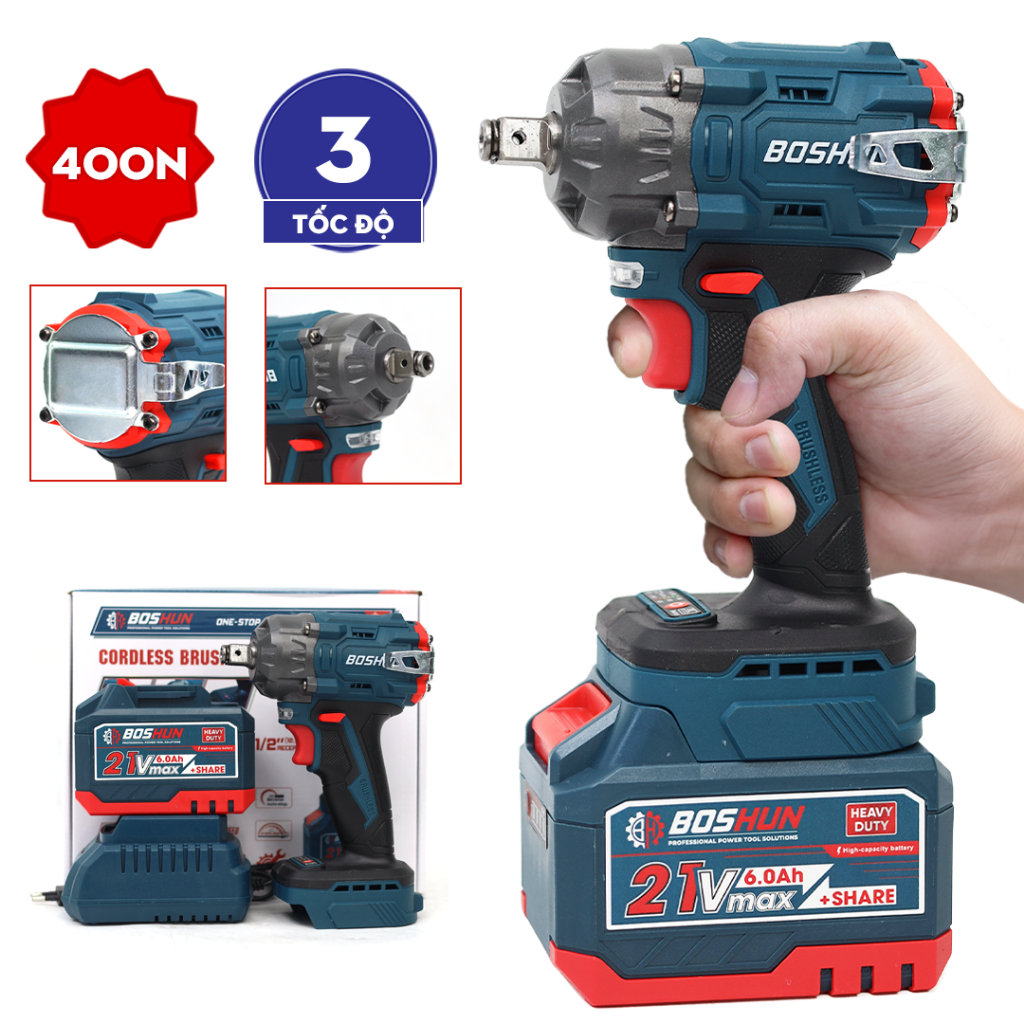 Máy Siết Bulong Boshun BS-IW400N 400Nm Đầu Khẩu 1/2 12,7mm, 10 Cell Không Chổi Than Ruột Đồng 100%