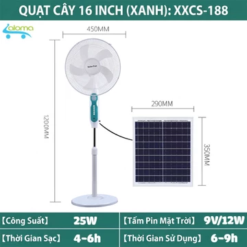 Quạt Đứng Năng Lượng Mặt Trời Solar Fan HS-188-Tích Điện Pin 18000mAh, Chống Mất Điện, Sạc Dư Phòng