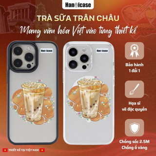 Ốp Lưng Điện Thoại Cho iPhone 12 13 14 15 16 17 Chống Sốc, Ố vàng Trong Suốt Có Hình In Trà Sữa