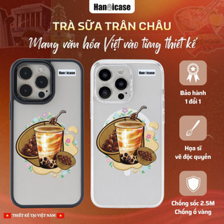 Ốp Lưng Điện Thoại Cho iPhone 12 13 14 15 16 17 Chống Sốc, Ố vàng Trong Suốt Có Hình In Trà Sữa
