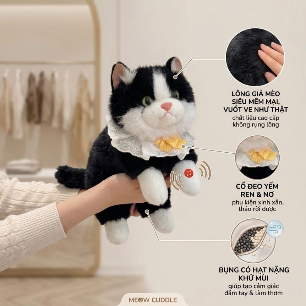 Gấu Bông Con Mèo Giống Thật Lông Dài Mềm Mại Có Phát Tiếng Kêu Làm Gấu Ôm, Ngủ Cho Bạn Gái,Cho Bé Ngày Sinh Nhật,Noel