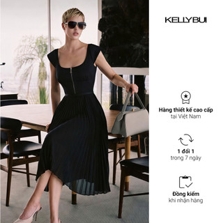 [KELLYBUI] Đầm liền đen phối khoá kéo, phong cách thời trang sang trọng, tinh tế