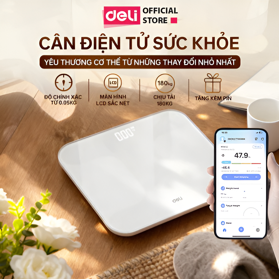 Cân Điện Tử Phân Tích Chỉ Số Thông Minh Deli Theo Dõi Cơ Thể Trọng Lượng Tối Đa 180kg Kết Nối Bluetooth App