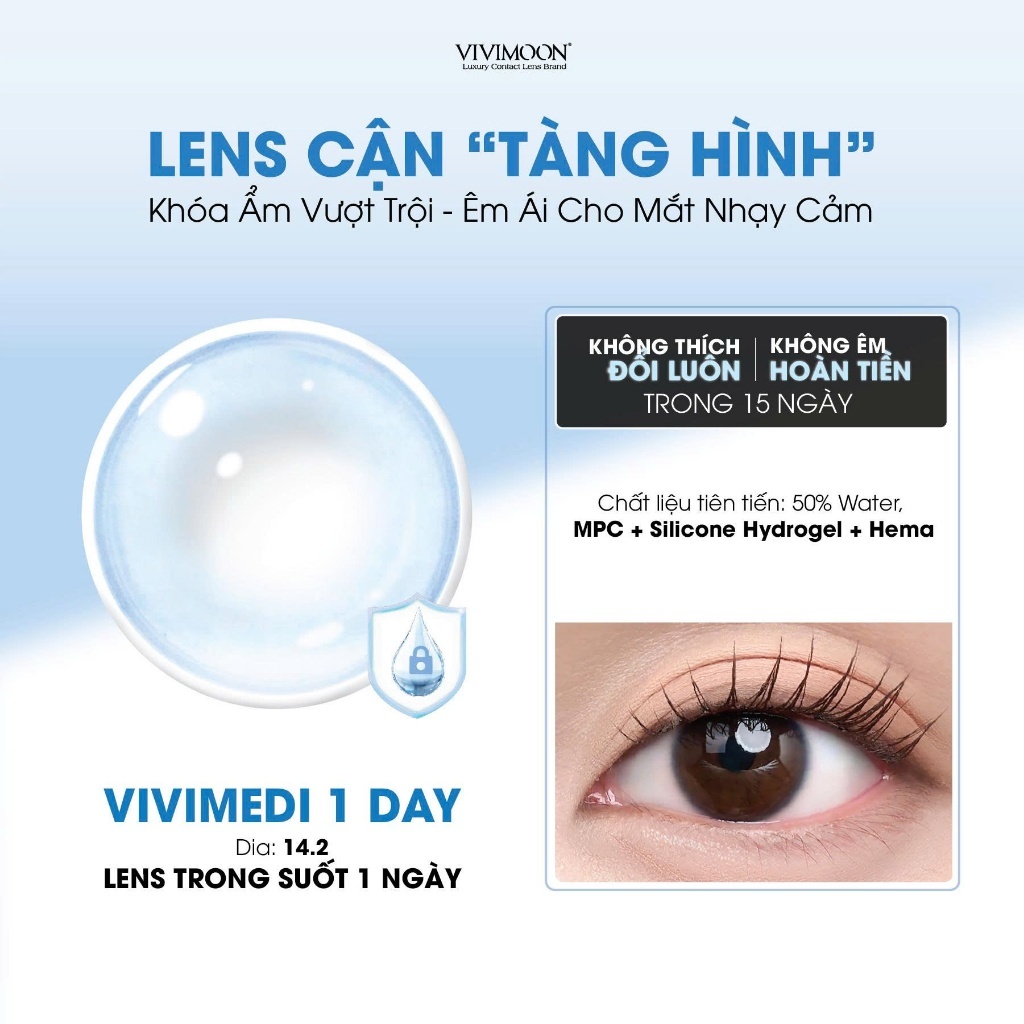 Lens cận trong suốt 1 ngày VIVIMOON Vivimedi, kính áp tròng khóa ẩm (Giá 01 chiếc/01 bên mắt - x2 để chọn 01 đôi) - 1