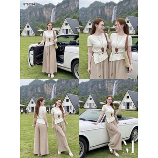 LT - Áo thun nữ lệch tà mix quần đũi xuông nâu tây tặng kèm dây đai free size 1713