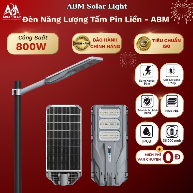 [800W] Đèn Năng Lượng Mặt Trời Tấm Pin Liền, Chiếu Sáng Đường Đi, Sân Vườn, Hè Phố, Chống Nước IP68, Nhựa ABS ABM SOLAR