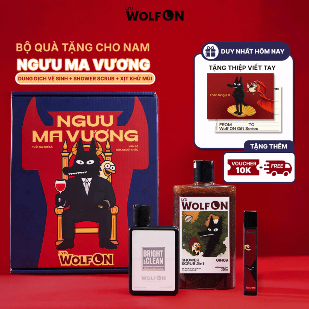 Set Quà Tặng Bạn Trai NGƯU MA VƯƠNG LYD Wolf ON - Sữa Tắm, Xịt Khử Mùi, Dung Dịch Vệ Sinh Nam