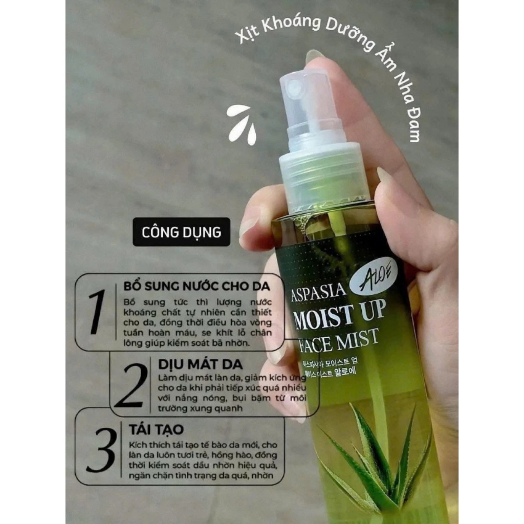 Xịt khoáng Nha Đam Cấp Ẩm Aspasia Hàn Quốc 150ml, Cân Bằng pH, Làm Dịu Da Kích Ứng, Dùng Hàng Ngày, Makeup