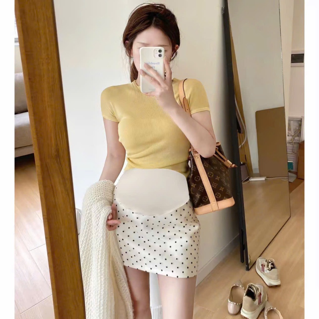[Nhà Moom] Chân váy bầu dáng A ngắn chấm bi, có Quần bảo hộ + Đáp bụng mềm co dãn 4 chiều