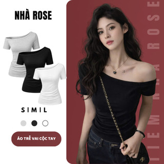 Áo Kiểu Nữ Xẻ Lệch Vai Cổ Trễ Cộc Ngắn Tay Co Giãn Fit Body Form Ôm Chất Vải Thun Cotton WAK001