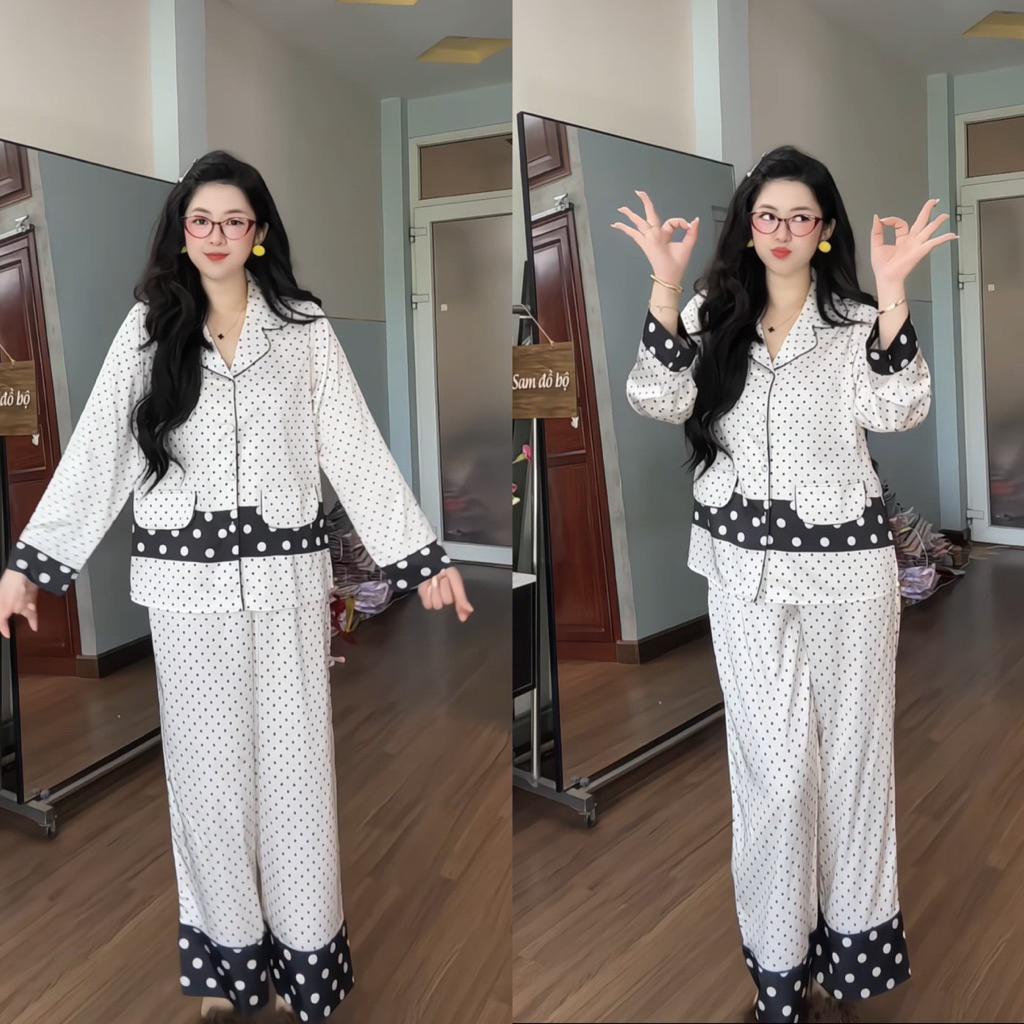 (42-62kg) Phom NẮP TÚI TAY DÀI pijama lụa mịn latin siêu xinh cho nữ