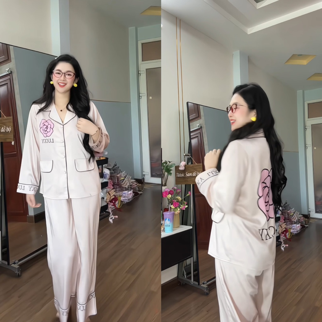(42-62kg) Phom NẮP TÚI TAY DÀI pijama lụa mịn latin siêu xinh cho nữ