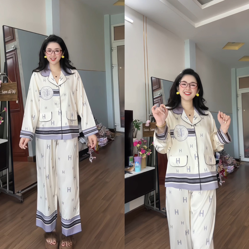 (42-62kg) Phom NẮP TÚI TAY DÀI pijama lụa mịn latin siêu xinh cho nữ