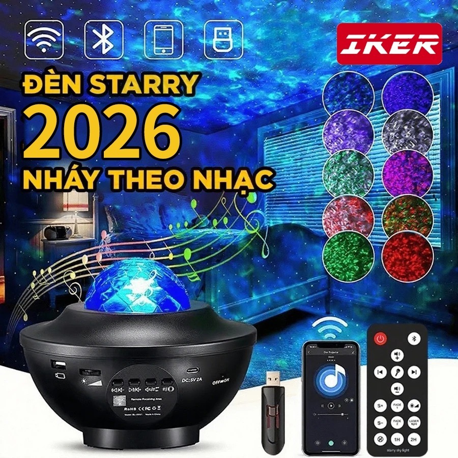 Thân mỏng 9.4cm | Đèn hiệu ứng nước thông minh 4in1:ĐKTX+Bluetooth+Laser+Loa, ánh sáng theo nhạc