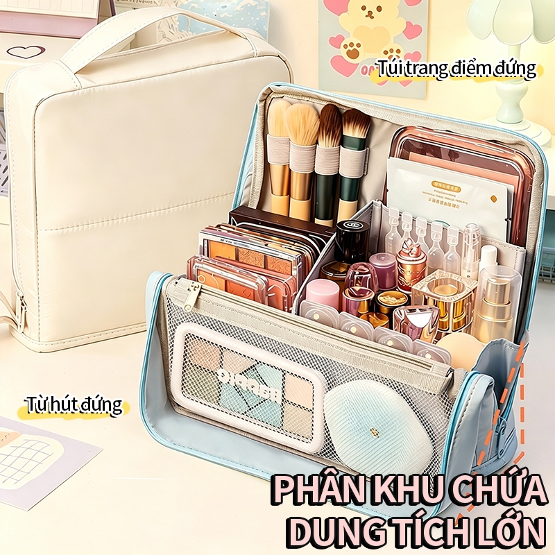 Túi washbag đựng mỹ phẩm khóa nam châm móc treo vali du lịch da PU nhiều ngăn dung tích lớn sang đẹp