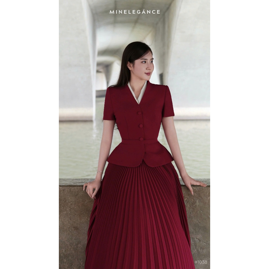 MINELEGÁNCE | SET ÁO VEST CÁNH BƯỚM KÈM CHÂN VÁY XẾP LY, SANG TRỌNG - MIN1038
