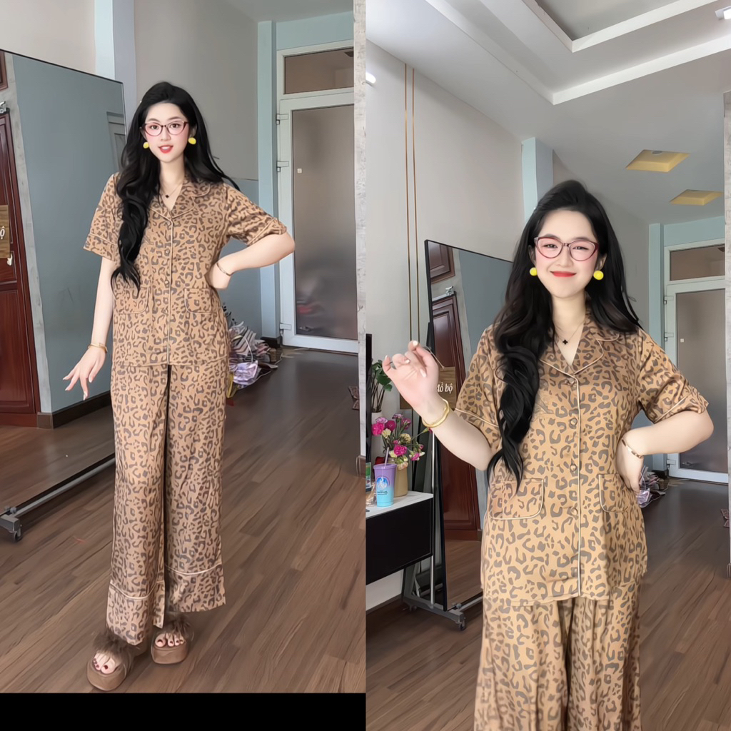42-62kg bộ pijama tay ngắn Nắp túi lụa Latin mềm mịn