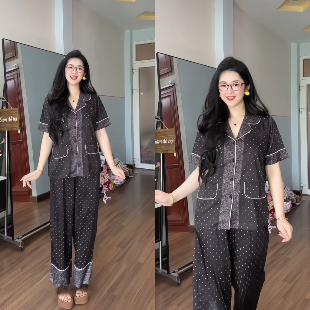 42-62kg bộ pijama tay ngắn Nắp túi lụa Latin mềm mịn
