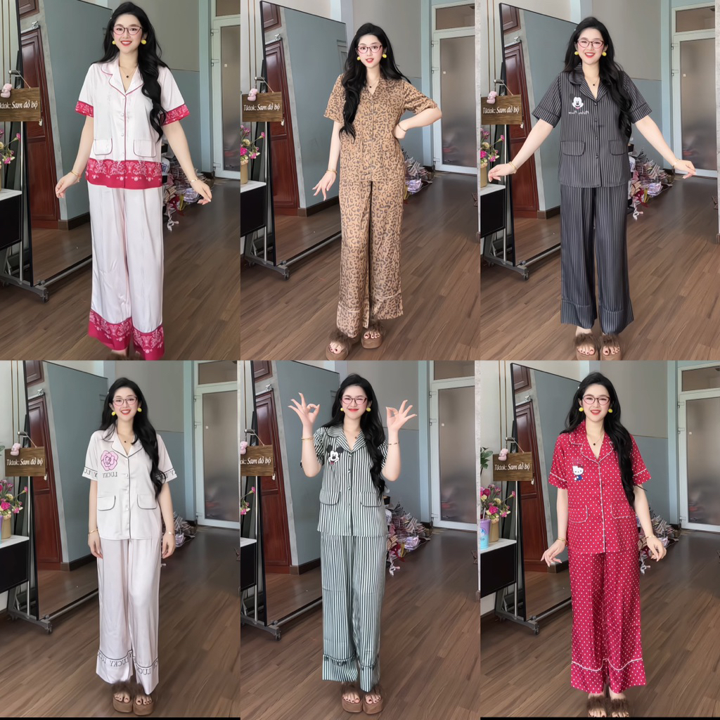 42-62kg bộ pijama tay ngắn Nắp túi lụa Latin mềm mịn