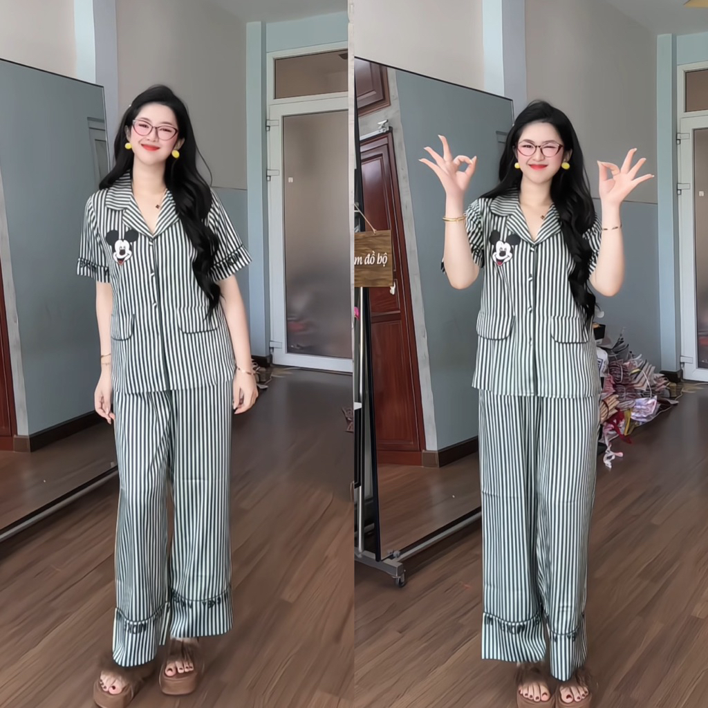 42-62kg bộ pijama tay ngắn Nắp túi lụa Latin mềm mịn