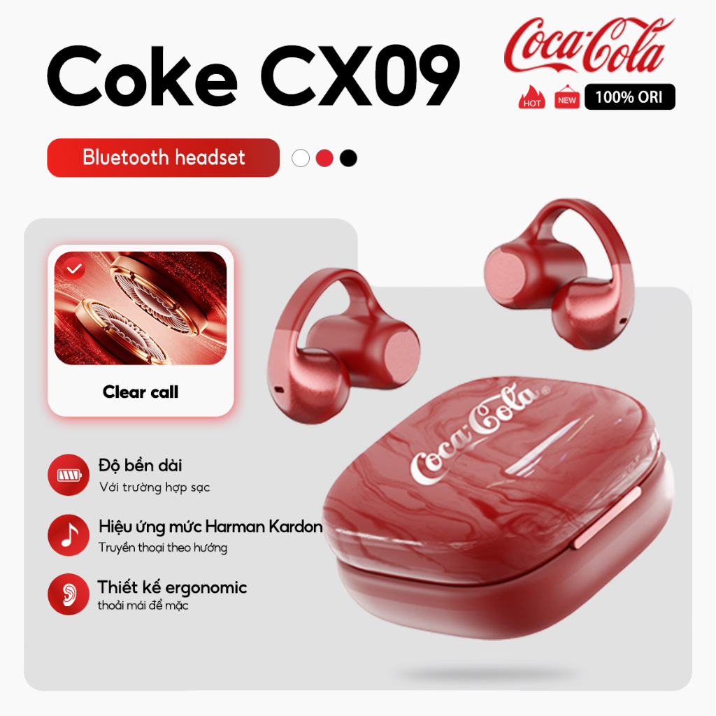 Coca-Cola CX09 Clip-On True Wireless Earbuds, Bluetooth 5.0 Headphones with Mic, Open-Ear Comfort for Outdoor Sports