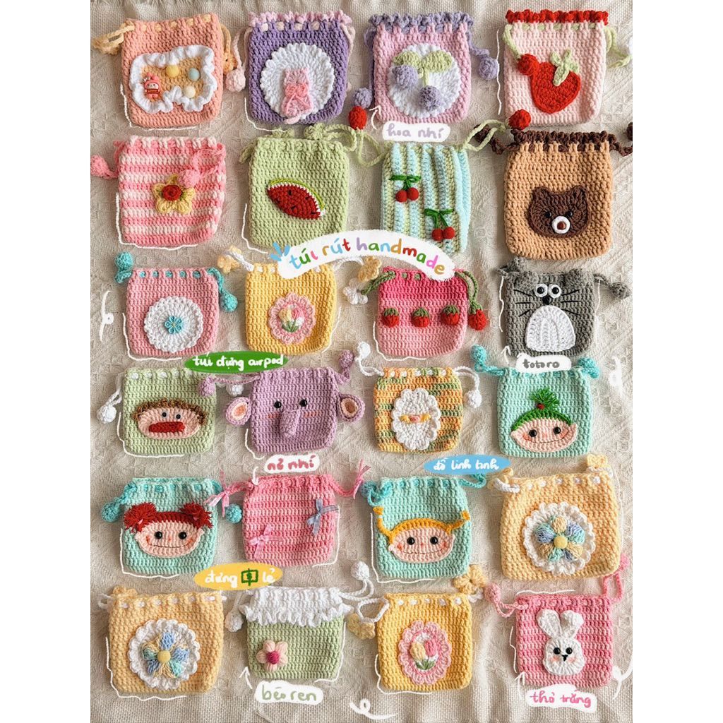 Túi Rút Len Handmade Hoạ Tiết Dễ Thương Màu Pastel Ví Đựng Mỹ Phẩm Mini Quà Tặng