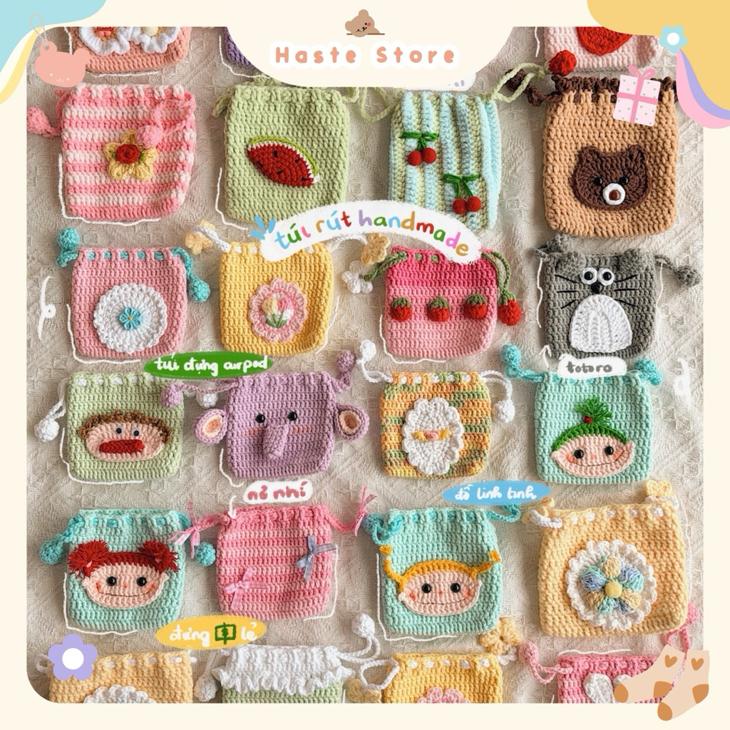 Túi Rút Len Handmade Hoạ Tiết Dễ Thương Màu Pastel Ví Đựng Mỹ Phẩm Mini Quà Tặng