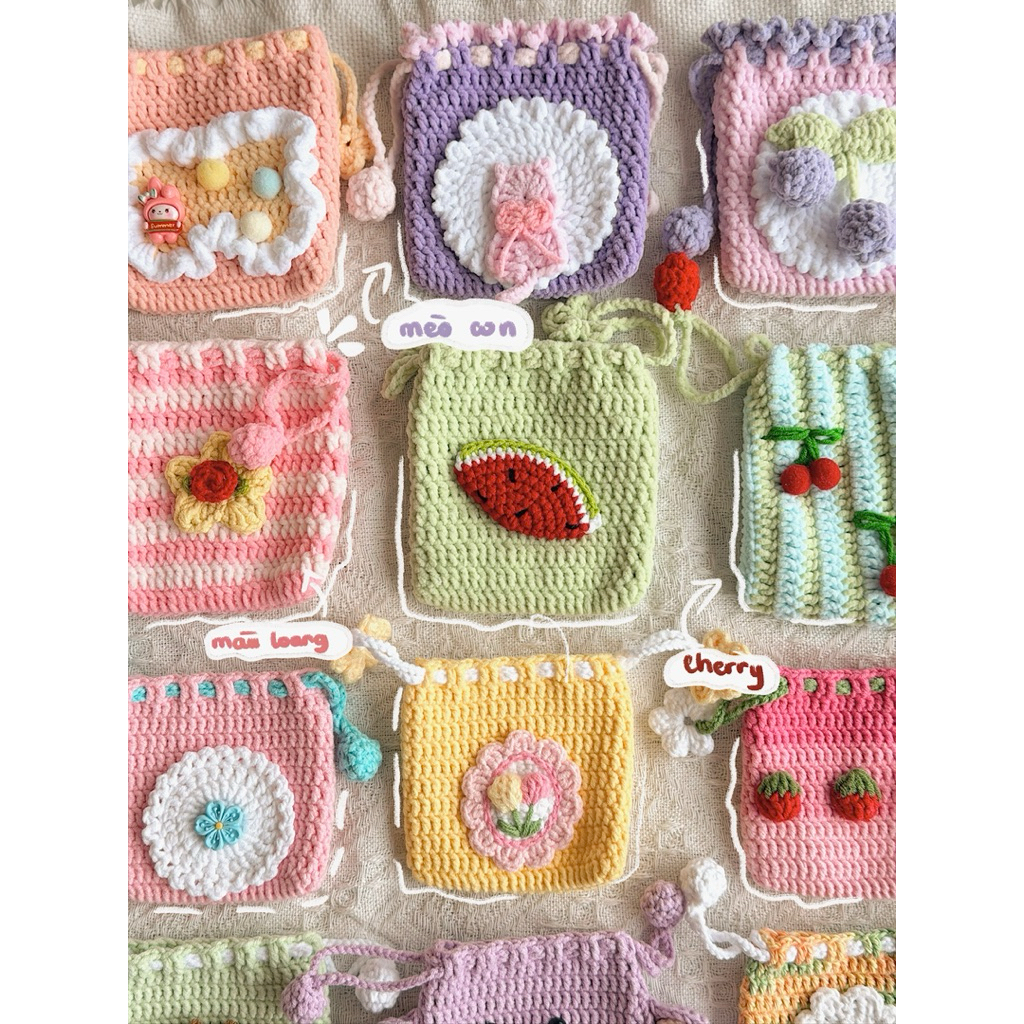 Túi Rút Len Handmade Hoạ Tiết Dễ Thương Màu Pastel Ví Đựng Mỹ Phẩm Mini Quà Tặng