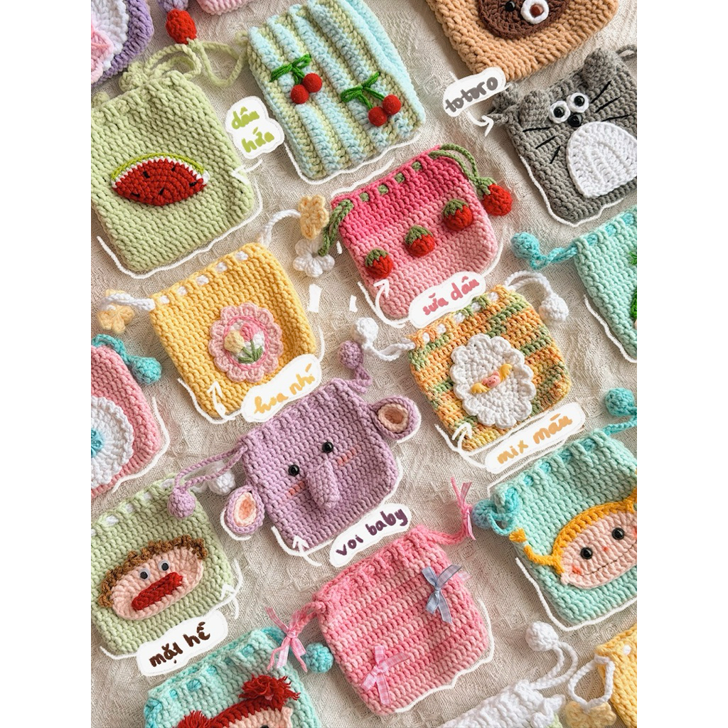 Túi Rút Len Handmade Hoạ Tiết Dễ Thương Màu Pastel Ví Đựng Mỹ Phẩm Mini Quà Tặng