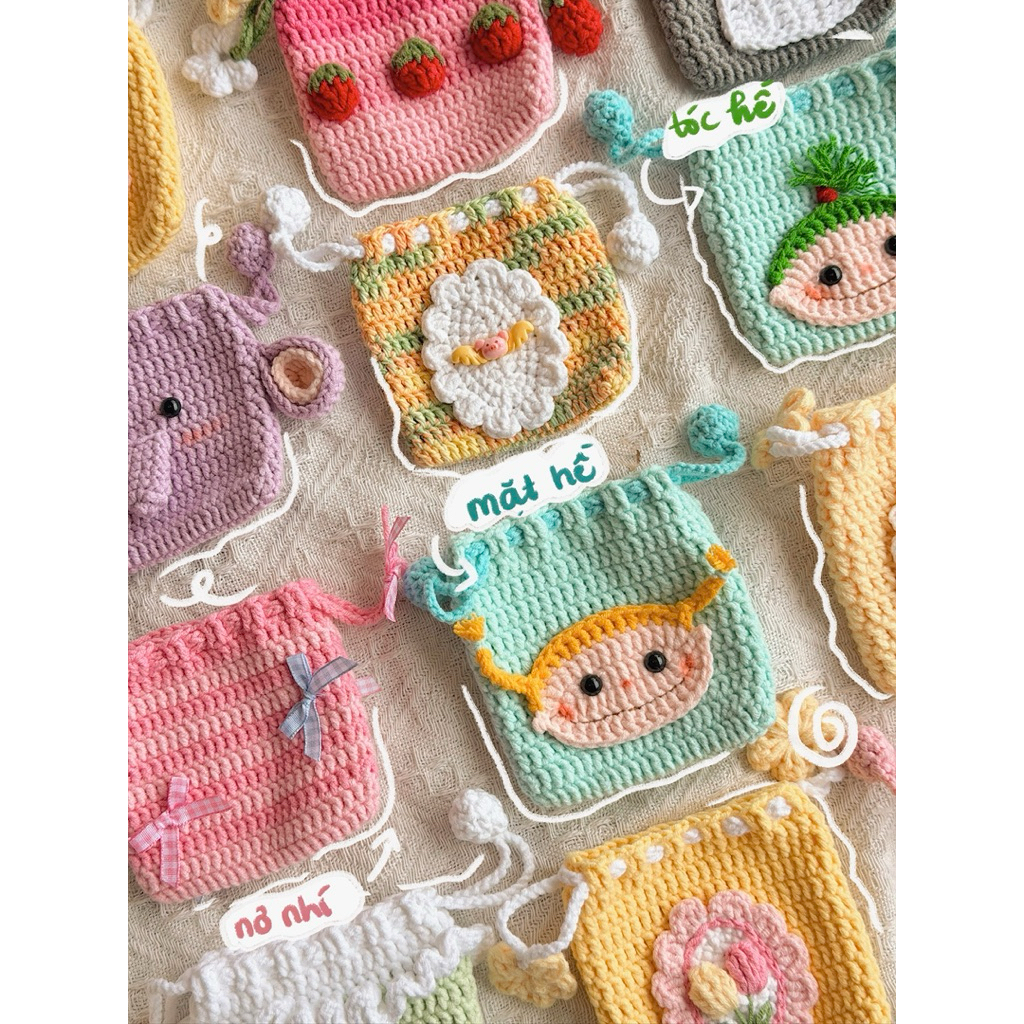 Túi Rút Len Handmade Hoạ Tiết Dễ Thương Màu Pastel Ví Đựng Mỹ Phẩm Mini Quà Tặng