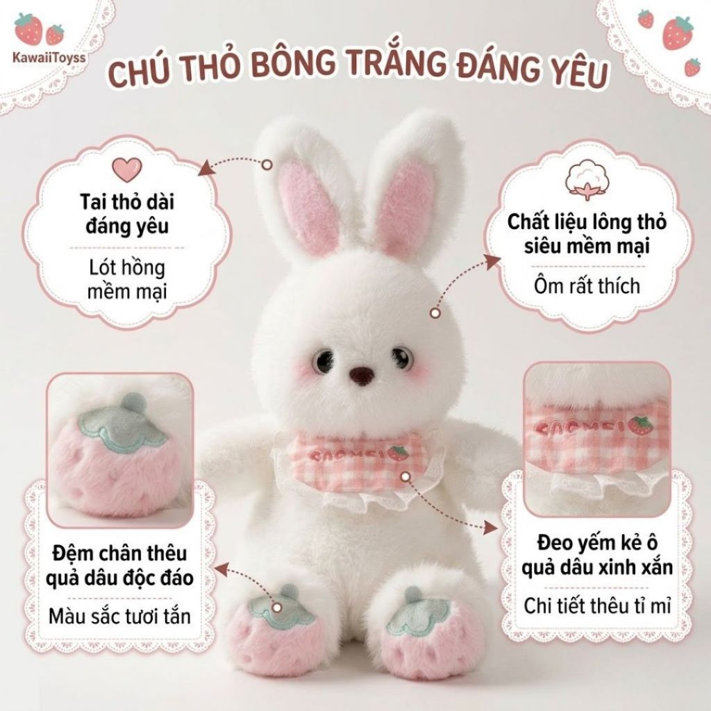 Gấu Bông Thỏ Dâu Tây Tai Dài Dễ Thương, Thú Nhồi Bông Thỏ Bụng Béo 50Cm Quà Tặng Cho Bé,Bạn Gái