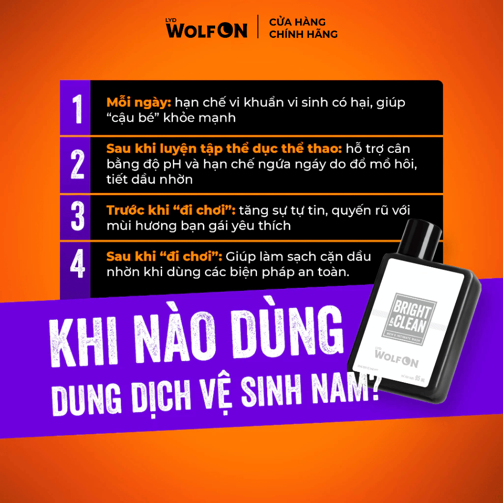 Dung Dịch Vệ Sinh Nam Giới LYD Wolf ON Bright & Clean Dưỡng Sáng Niacinamide, Sạch, Thơm 95ml 150ml